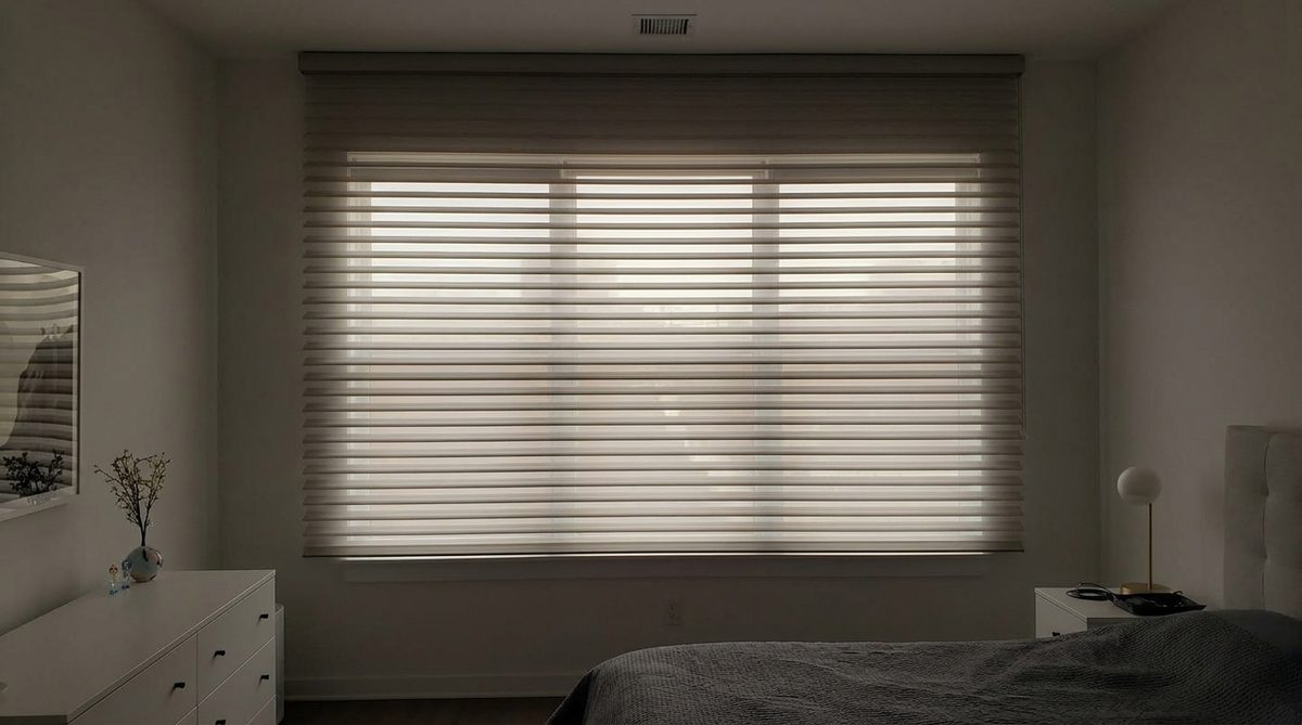 A sheer shade lowered with its vanes fully closed on a bedroom window, the room noticeably dimmed but not black