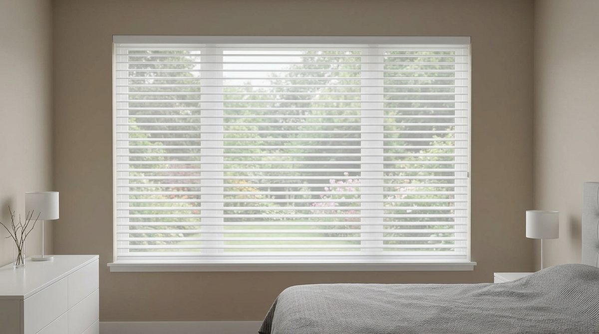 A sheer shade lowered on a window with the vanes open, the garden outside visible but gently softened through the sheer facing