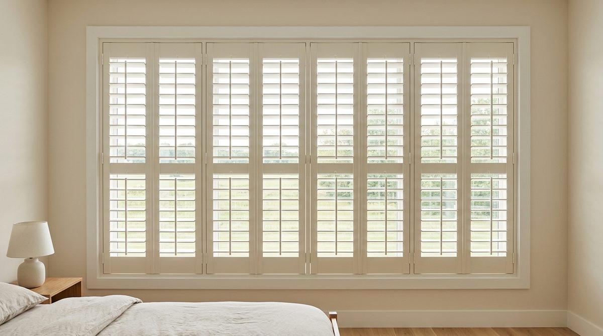 Off white composite shutters with the visual weight of timber on a bedroom window, hinged panels in a fitted frame