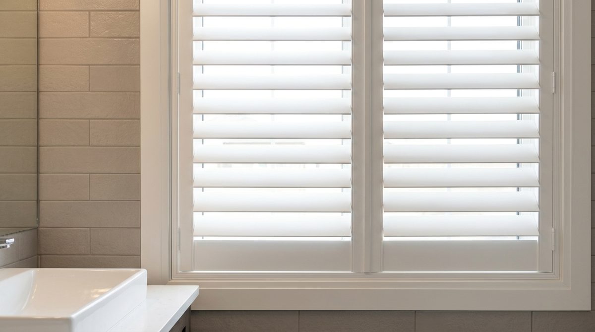 Bright white polysatin shutters with wide louvers on a bathroom window, solid smooth polymer finish, tiled wall nearby