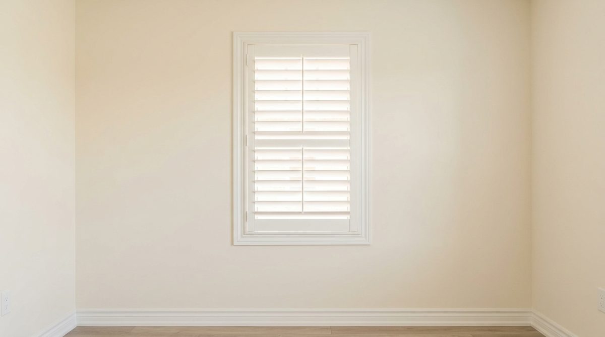 Plain white vinyl shutters on a small utility window, simple lightweight louvers