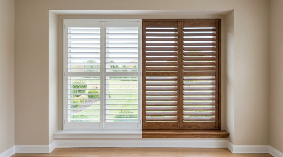 A white composite shutter panel on one window and a stained hardwood shutter panel on the adjacent window, side by side comparison