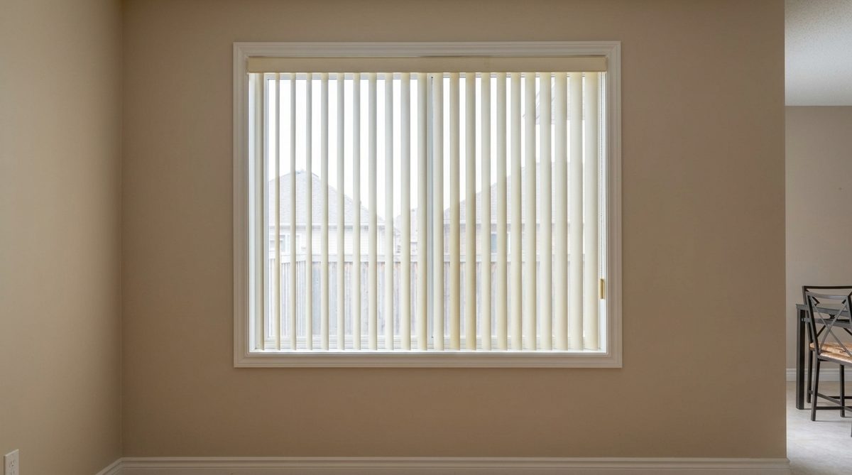Old fashioned narrow white vinyl vertical blinds on a plain office window, slightly yellowed and dated looking, flat lighting