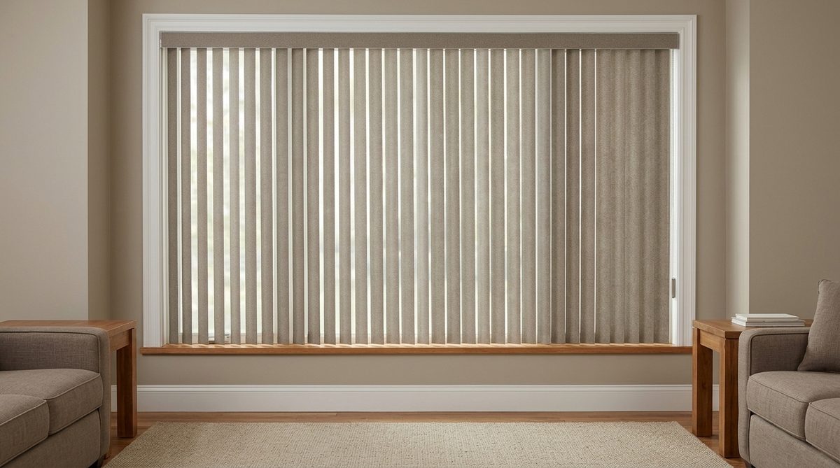 Warm greige textured fabric vertical blind vanes hanging straight down across a living room window, each vane a separate flat hanging strip on a top track, small gaps of daylight between them