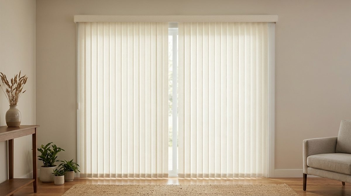 Off white fabric vertical blinds drawn fully across a sliding glass patio door in a bright living room, vanes hanging straight