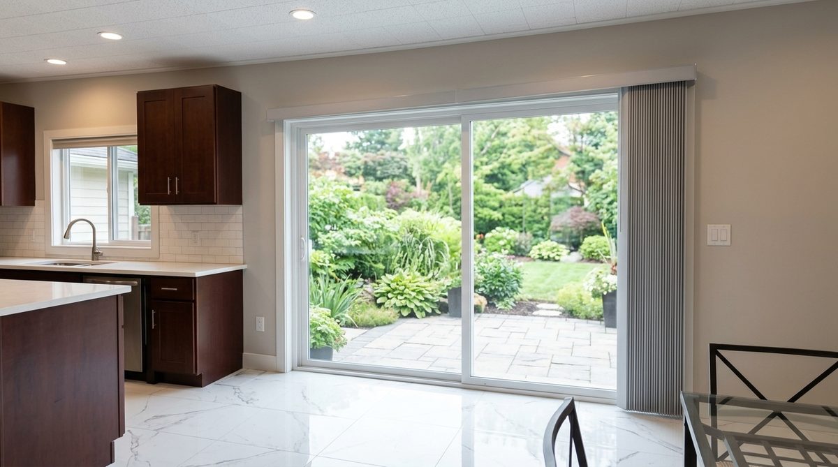 Vertical blinds pulled fully back into a tight bundle at the right hand side of a wide sliding glass door in an empty room, the glass clear and the garden visible