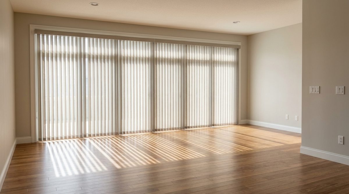 Greige fabric vertical blinds drawn across a wide sunlit window wall in a bright empty living room, strong daylight coming through the vanes and falling across the wooden floor