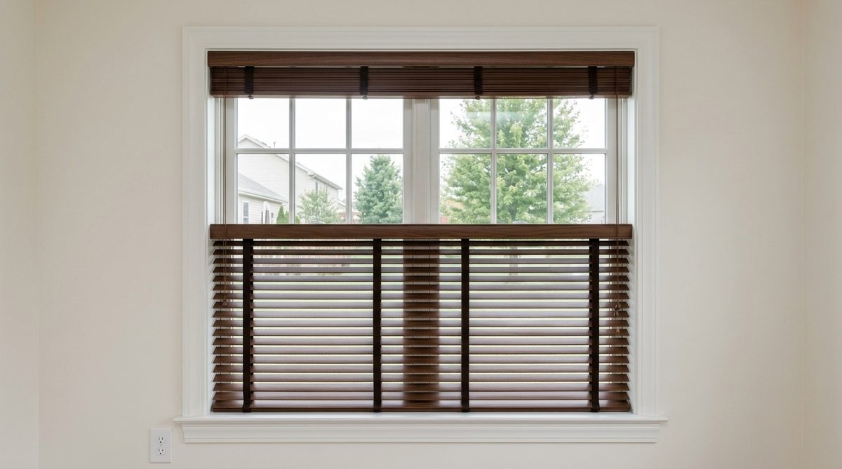 Narrow one inch wood blind slats on a small divided light sash window, many closely spaced slats, fine scale