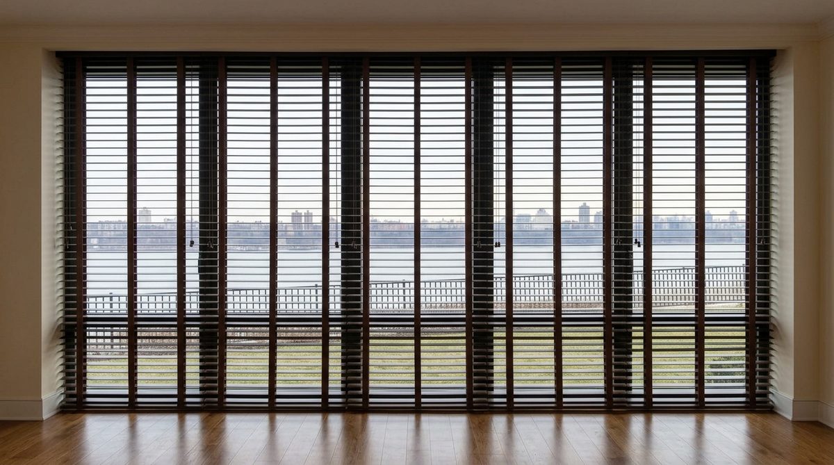 Wide two and a half inch wood blind slats on a tall floor to ceiling window, generous spacing between slats