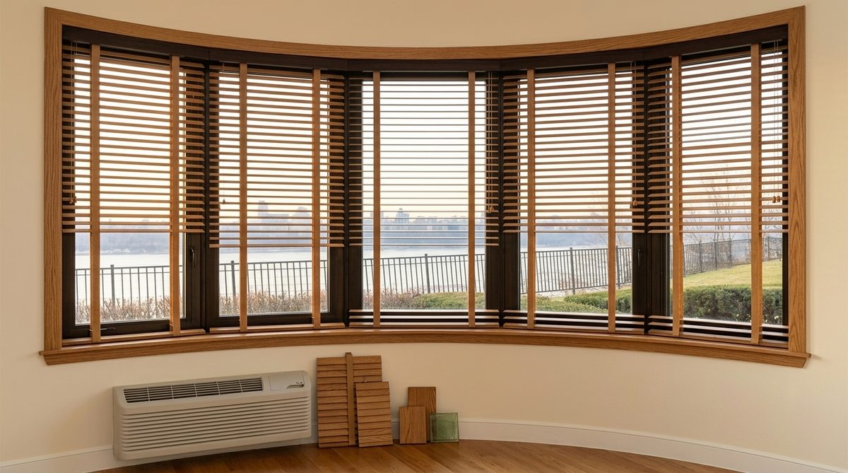 Wood blind slats in a mid oak stain resting on a hardwood floor beside matching window trim, colour matching still life, no hands