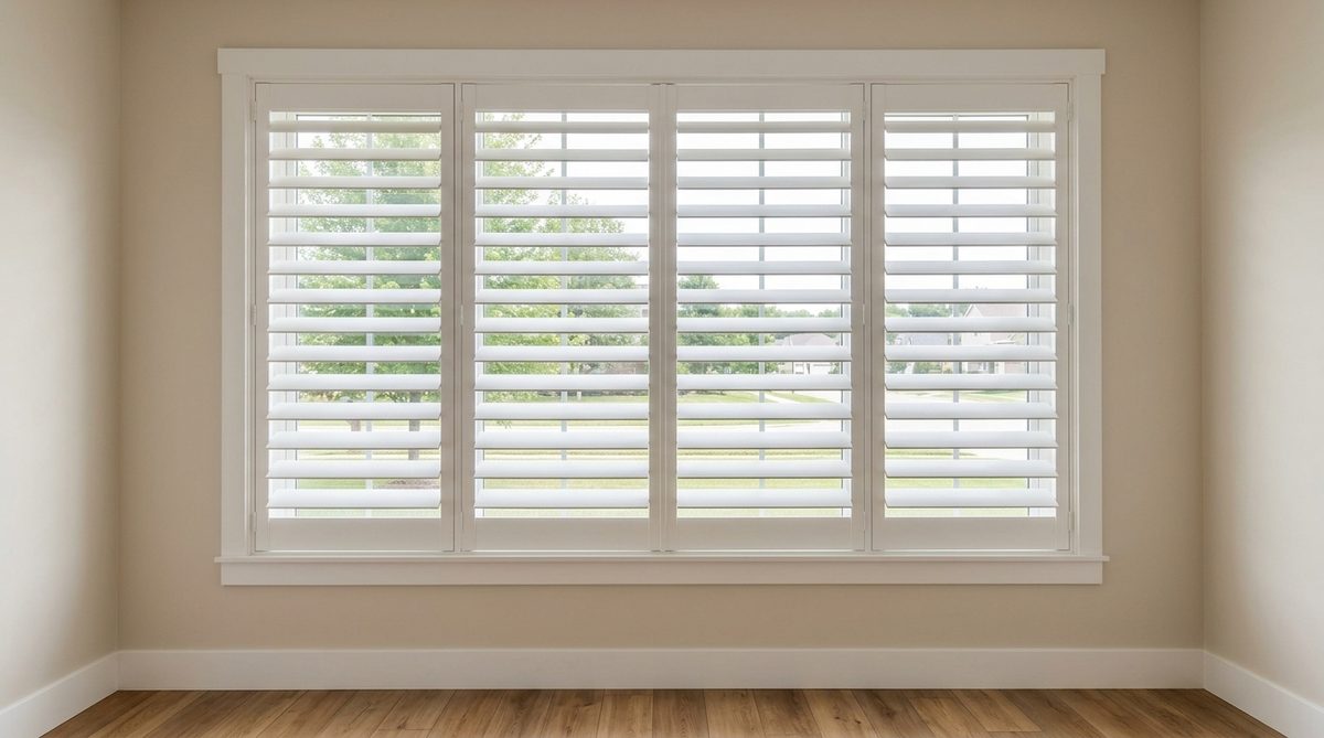Crisp white painted wood blinds on a window with white painted trim, uniform flat colour across every slat