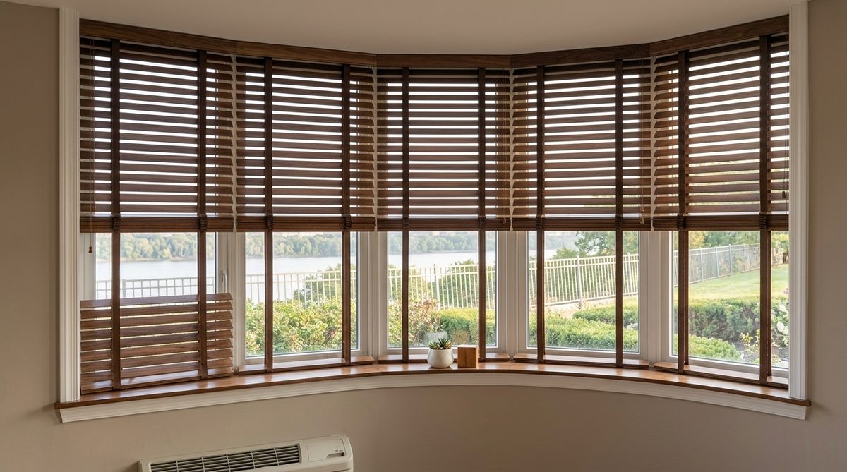 Real hardwood blinds with clearly visible grain variation between slats, tilted partly open on a living room window with a wooden sill