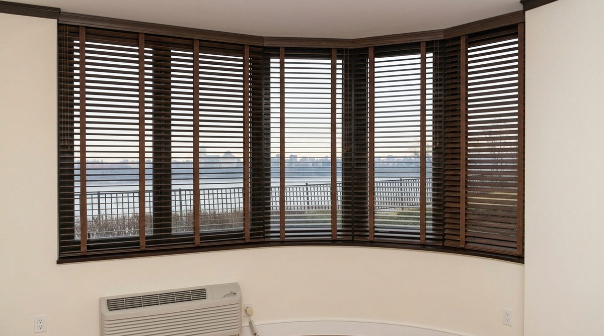 Dark walnut stained wood blinds on a window, the grain figure differing slightly from slat to slat