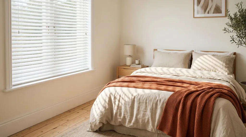 Slim white venetian blinds tilted across a bright bedroom window