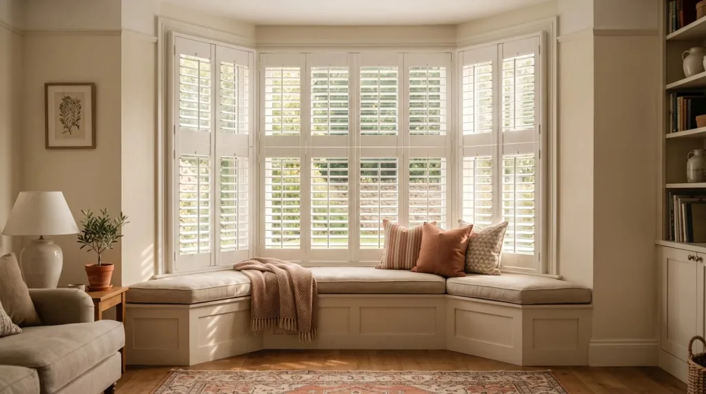 Full height white plantation shutters fitted to a bay window with a cushioned bench