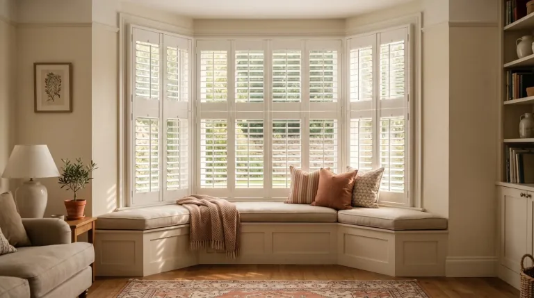Full height white plantation shutters fitted to a bay window with a cushioned bench